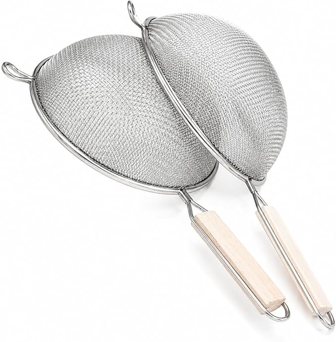 Huji Stainless Steel Fine 8" Double Mesh Food Strainer Colander Sieve Sifter with Wooden Handle for Kitchen Rice Pasta Noodles (2 Pack) - Image 2