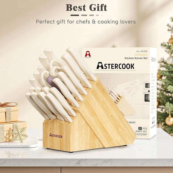 Knife Set, Astercook 22-Piece Kitchen Knife Set with Block & Built-in Sharpener, Ultra-Sharp High Carbon Stainless Steel Knives, Dishwasher Safe, Ergonomic Anti-slip Handle, Mothers Day Gifts