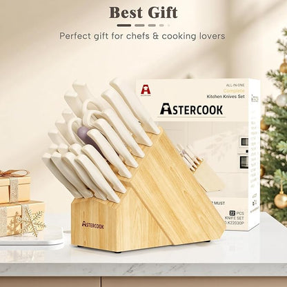Knife Set, Astercook 22-Piece Kitchen Knife Set with Block & Built-in Sharpener, Ultra-Sharp High Carbon Stainless Steel Knives, Dishwasher Safe, Ergonomic Anti-slip Handle, Mothers Day Gifts