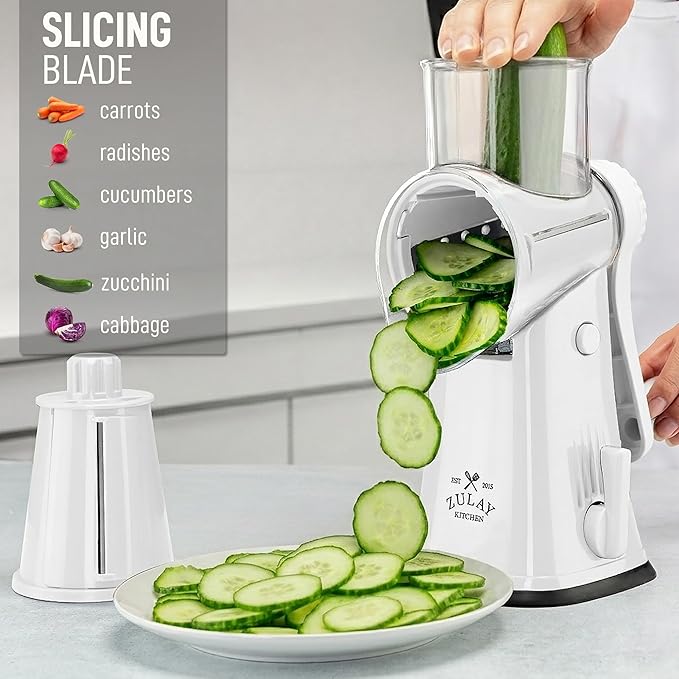 Zulay Kitchen Rotary Cheese Grater 5 Blade Cheese Shredder - Manual Hand Crank Cheese Grater With Reinforced Suction & 5 Interchangeable Drums - Easy to Use, Vegetable Chopper Round Mandoline Slicer - Image 5