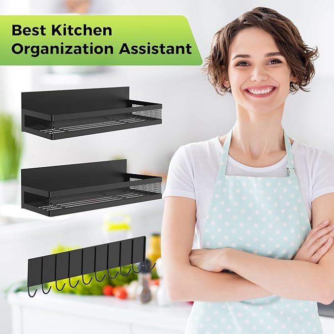 5 Pack Strong Magnetic Spice Rack for Refrigerator on Oven, Movable Kitchen Organizers and Storage for Spices Shelf, Wall Mounted Spice Rack Metal Fridge Shelf for Kitchen in Black