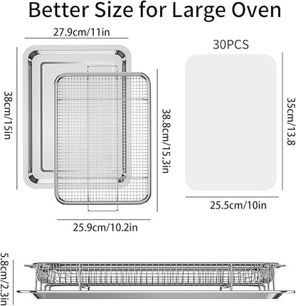 Air Fryer Basket for Oven, OPENICE 15.3" x 11.0" Large Air Fryer Tray and Pan with 30PCS Parchment Papers, Stainless Steel Oven Air Fryer Basket and Tray for Baking Grilling