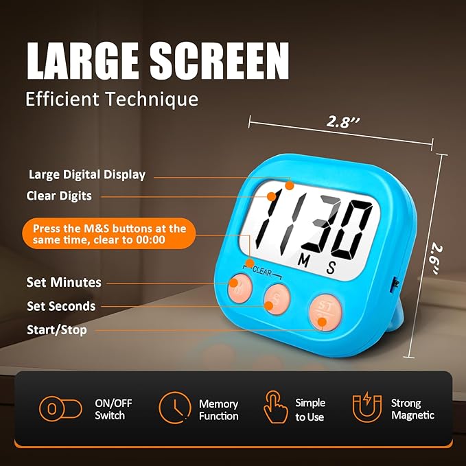 6 Pack Kitchen Timers Loud Ring Digital Timers for Cooking Magnetic Blue - Image 4