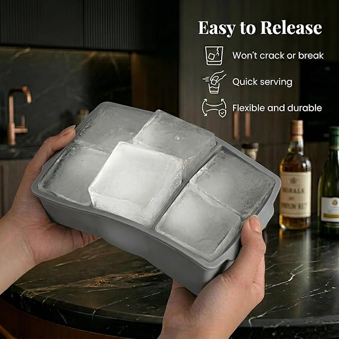 KitchFort Large Silicone Ice Cube Tray (3-Pack), Easy Release 2" Big Ice Cubes - Cocktail, Whiskey Ice Cubes Mold - Ice Trays for Freezer with Lid - Stackable Silicone Ice Tray - Gray - Image 3