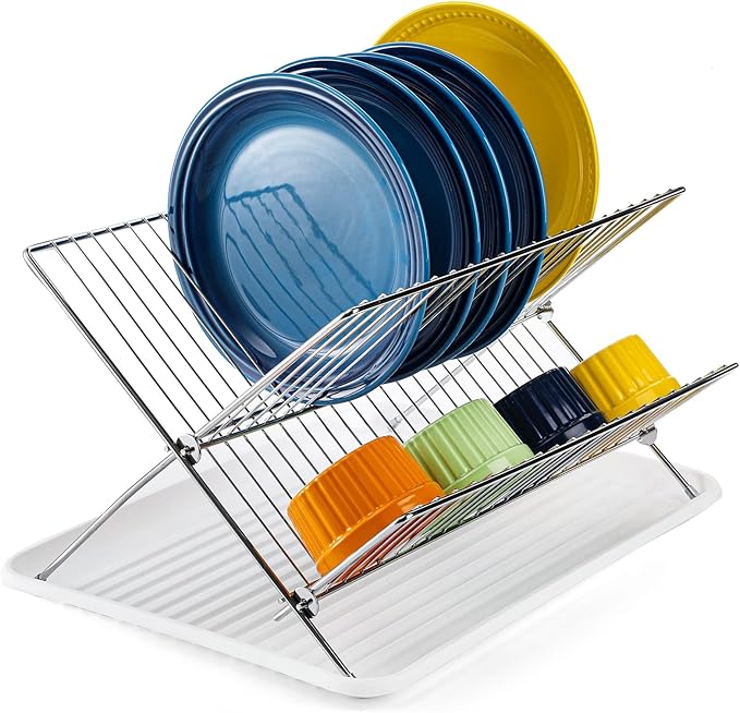Youeon Foldable Dish Drying Rack with Drip Tray, Stainless Steel 2 Tier Dish Drainer Rack, Collapsible Dish Drainer, Folding Dish Rack for Kitchen Sink, Countertop, Cutlery, Plates, Dishes by YOUEON