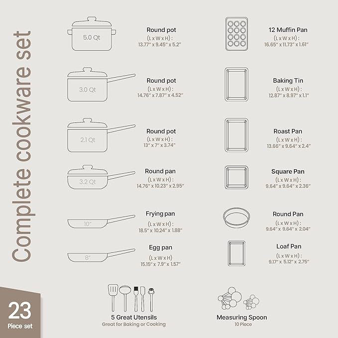 Pots and Pans Set, 23-Piece Non Stick Cookware & Bakeware Sets with Plaid Pattern, Stackable Design, Dishwasher Safe, Stain-resistant, Oven & All-Stove Safe, Tempered Glass Lid, Black - Image 2