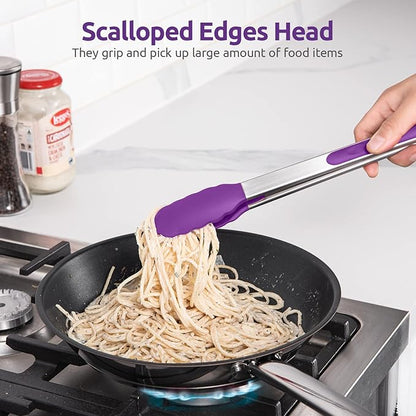 600ºF Heat Resistant Kitchen Tongs: U-Taste 12 inch Large Silicone Cooking Tong with Sturdy Non Stick Rubber Tips & Silicon Coated 18/8 Stainless Steel Handle & Smooth Locking for Serving Grill-Purple - Image 4