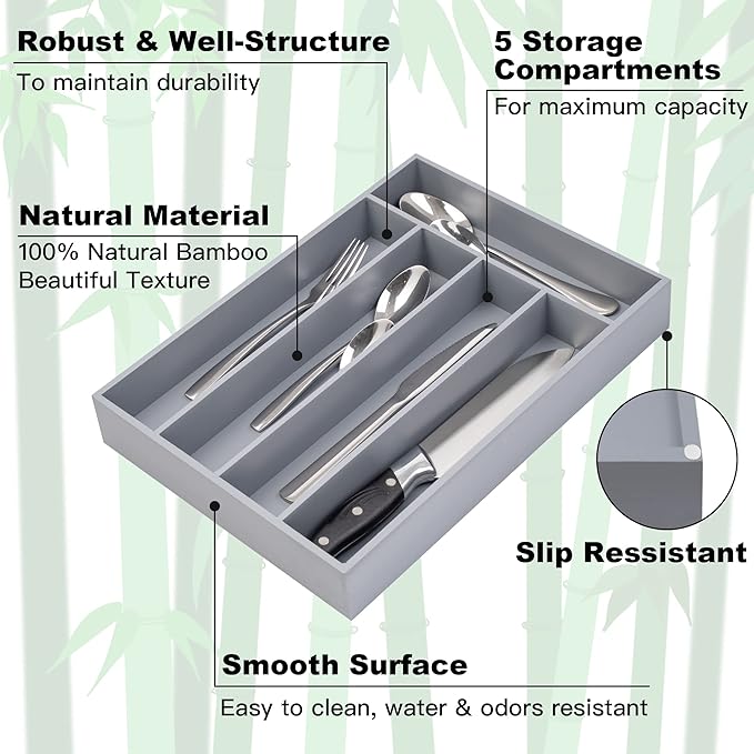 Besilord Bamboo Silverware Holder - Drawer Organizer with 5 Slots (Gray) - Image 3
