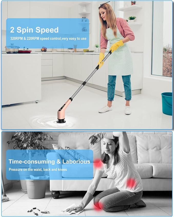 Leebein Electric Spin Scrubber, Cordless Powerful Scrub Brush for Cleaning Bathroom, Kitchen, Shower Tub and Floor Tile with Adjustable Extension Long Handle and 8 Replaceable Brush Heads(Rose) - Image 2