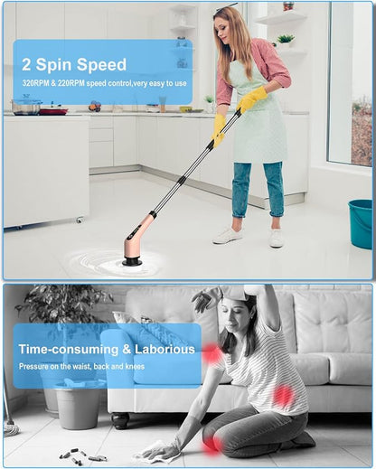 Leebein Electric Spin Scrubber, Cordless Powerful Scrub Brush for Cleaning Bathroom, Kitchen, Shower Tub and Floor Tile with Adjustable Extension Long Handle and 8 Replaceable Brush Heads(Rose) - Image 2