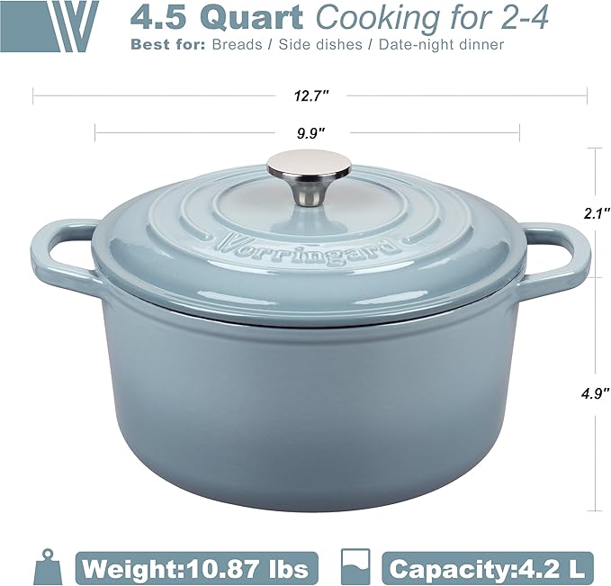 VORRINGARD Enameled Cast Iron Dutch Oven Pot with Lid, for Sourdough Bread Baking, Round Dutch Ovens, 4.5 Quart, Sea Salt - Image 2