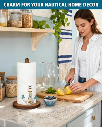 Ship's Anchor Paper Towel Holder, Nautical Coastal Beach Ocean Decor for Kitchen Bathroom Countertop, Freestanding Wooden Stand, Standard & Jumbo Rolls, Gift for Women