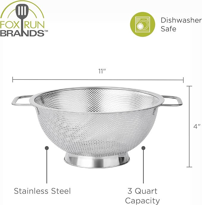 Fox Run Large Stainless Steel Colander, 3 Quart Pasta Strainer With Handles, 8.9” x 11.1” x 4” - Image 6