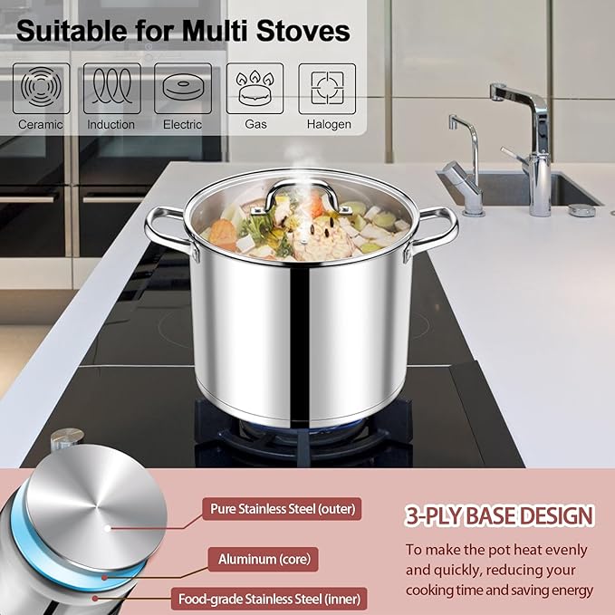 P&P CHEF 14 QT Stock Pot with Lid, Stainless Steel Large Cooking Pot, Soup Canning Stockpot for Stewing Simmering, Tri-ply Bottom for All Stoves, Heavy-Duty &Dishwasher Safe & Food-Grade - Image 5