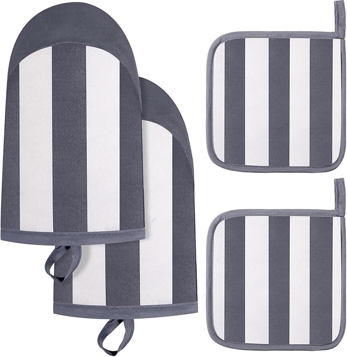 Reallnaive Oven Mitts and Pot Holders 4 Pcs Set for Kitchen, Stripe Cotton Oven Mitten Gloves Hot Pads Heat Resistant 500°f Outdoor Indoor Garden Baking Cooking BBQ Gift Hanging Loop, Beige (Gray) by Unknown