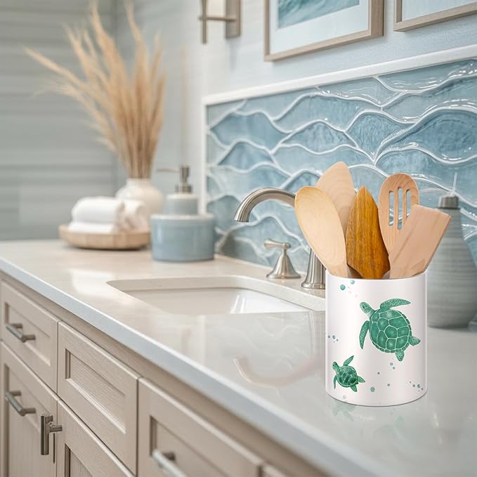 WILLBOND Coastal Utensil Holder for Kitchen Sea Turtle Utensil Holder Summer Kitchen Decor Cute Acrylic Cooking Crock Organizer Countertop Storage Organizer Container Housewarming Gift