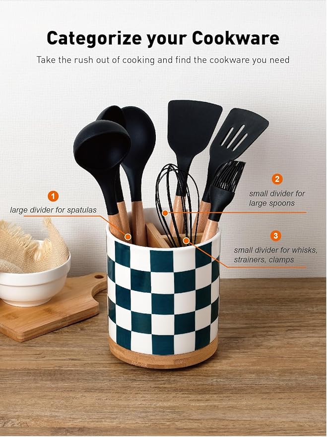 LoeJan 3 Compartment Utensil Holder, Extra Large Utensil Crock, Stable Ceramic Utensil Organizer, Cooking Tool Organizer Set for Kitchen Counter Farmhouse Decor (J-Deep Green(Square)) - Image 2