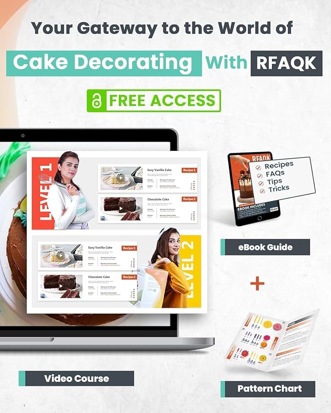 RFAQK 90PCs Cake Decorating Kit with Leveler, Baking Supplies Gift Includes Cake Stand Turntable, 24 Numbered Icing Tips, 55+1 Piping Bags, 2 Frosting Spatulas, 3 Scrappers, Video Course & Booklet - Image 6