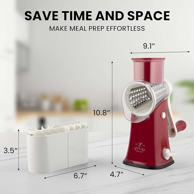 Zulay Kitchen Rotary Cheese Grater 5 Blade Cheese Shredder - Manual Hand Crank Cheese Grater With Reinforced Suction & 5 Interchangeable Drums - Easy to Use, Vegetable Chopper Round Mandoline Slicer - Image 10