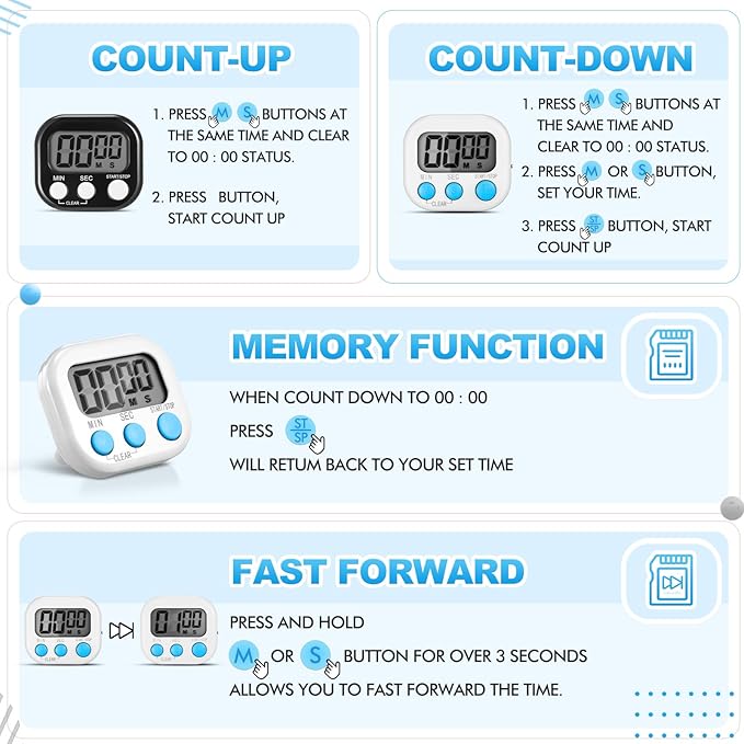 Xuhal 12 Pieces Digital Kitchen Timer Bulk, Small Magnetic Timers for Classroom, Digits Stopwatch Clock Timer for Cooking Baking Sports Games Office, Not Including Battery (Black,White) - Image 3