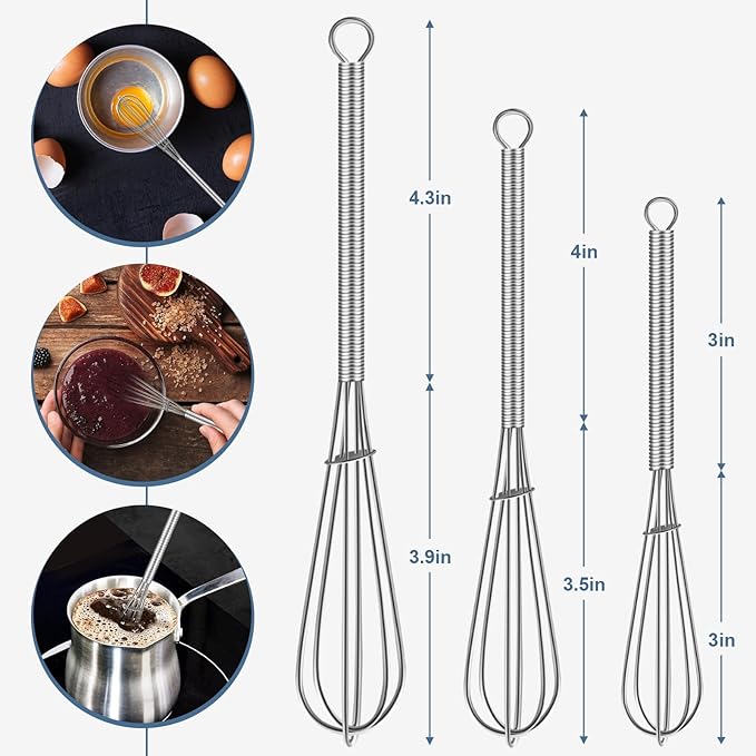 Walfos Mini Whisk,304 Anti-Rust Small whisk,Sturdy Stainless Steel Wire Tiny Whisks 6+7+8in,Ideal for mixing individual eggs, jams, spices and other small portion ingredients.(3pcs） - Image 4