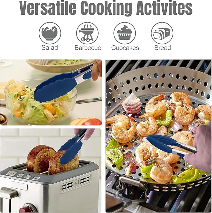 HOTEC Premium 7 & 9 Inch Kitchen Tongs, Stainless Steel Locking Cooking Tongs with Silicone Tips, Non-Scratch & Heat Resistant, Serving Tongs for Salad, BBQ, Classic Blue, Set of 2 - Image 3
