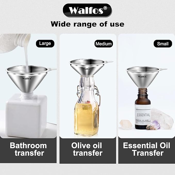WALFOS Mini Stainless Steel Funnels, Multi-use Small Kitchen Funnel Set, for Transferring Liquid, Fluid, Essential Oils, Powder,Tiny Spices,Long-Lasting and Dishwasher Safe (3 in、2.2 in、1.7in) - Image 5