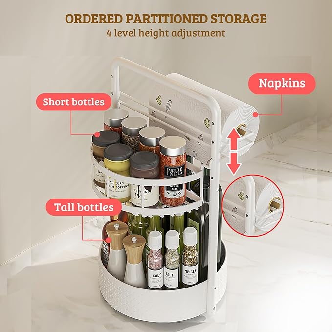 Rotating Spice Rack with Paper Towel Holder, 2 Tier Turntable Lazy Susan, Seasoning Organizer for Kitchen Countertop Cabinet, White - Image 3