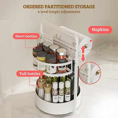 Rotating Spice Rack with Paper Towel Holder, 2 Tier Turntable Lazy Susan, Seasoning Organizer for Kitchen Countertop Cabinet, White - Image 3