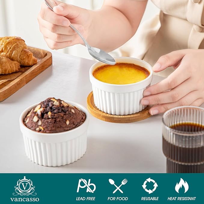 vancasso 6 oz Ramekins with Lid, Porcelain Creme Brulee Souffle Dishes, White Pudding Custard Cups Ramiken for Baking, Dishwasher and Oven Safe, Set of 6 - Image 5