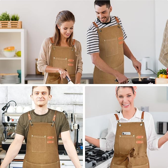 OUNLEN Chef Apron for Men Women Canvas Aprons with 3 Pockets Cross Back Resistant Work Apron for Cooking - Image 6