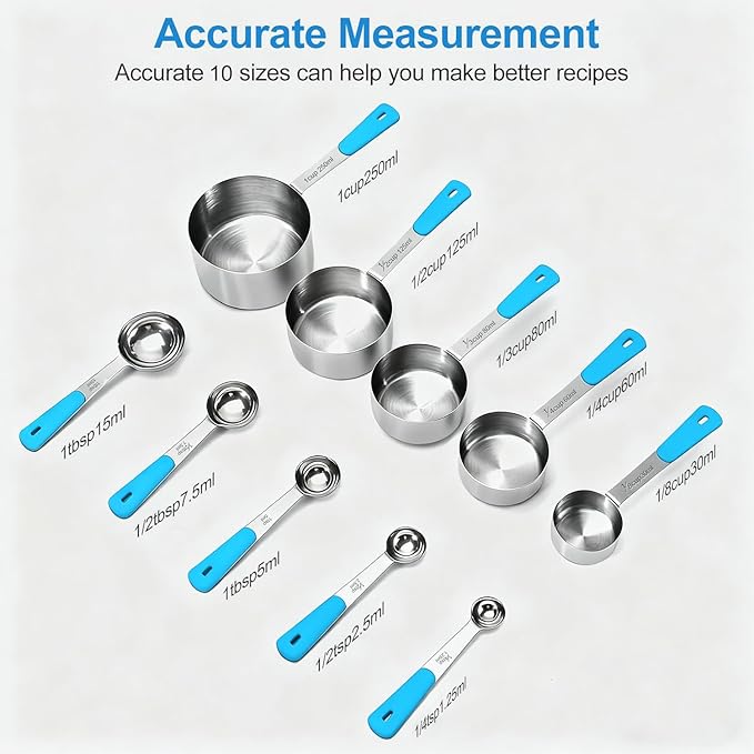 Bopei Measuring Cups and Spoons Set Stainless Steel 10 Piece for Cooking and Baking (5 Cups + 5 Spoons, Light Blue Handle) - Image 2