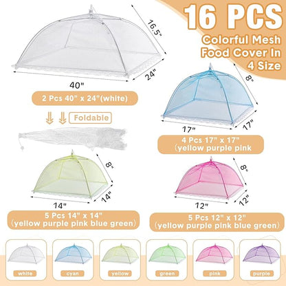 Tanlade 16 Pcs Mesh Food Cover Food Tent Set Reusable Collapsible Pop up Food Nets for Outdoors Summer Party Picnic, 2 Pcs 40" x 24", 4 Pcs 17" x 17", 5 Pcs 14" x 14", 5 Pcs 12" x 12" (Colorful)