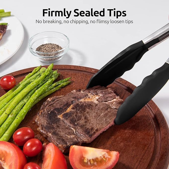 600ºF Heat Resistant Kitchen Tongs: U-Taste 9+12 inch Silicone Cooking Tong Set with Firm Sealed Non Stick Rubber Tips and Silicon Coated 18/8 Stainless Steel Handle for Serving Grilling Salad (Black) - Image 9