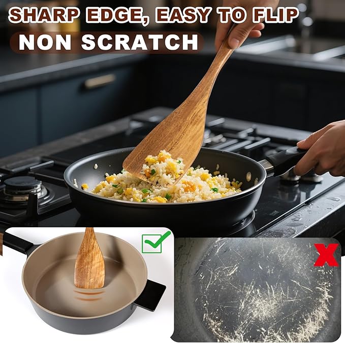 Wooden Spatulas, 2 PCs Natural Acacia Wooden Cooking Utensils Set for Non-stick Pan Kitchen Tool, flipping and Wok Spatula, Wooden Spoons & Spurtle for Cooking - Image 4