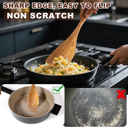Wooden Spatulas, 2 PCs Natural Acacia Wooden Cooking Utensils Set for Non-stick Pan Kitchen Tool, flipping and Wok Spatula, Wooden Spoons & Spurtle for Cooking - Image 4