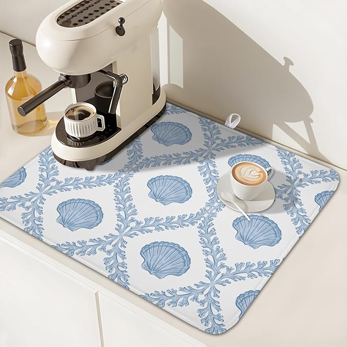 Summer Sea Shell Drying Mat 18x16 Inch, Light Blue Drying Mat with Absorbent Reversible Microfiber, Coastal Dish Drainer Mats Holiday Ocean Rack Pad for Coffee Countertop Kitchen Protector