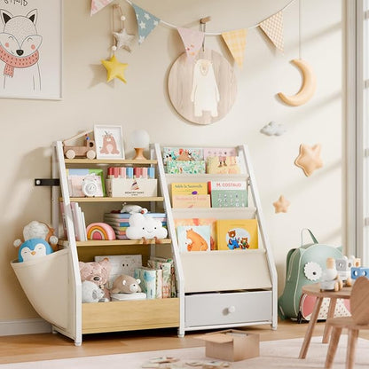 HAVLOTII Kids Bookshelf and Toy Storage - Book Shelf for Kids Rooms, Toddler Bookshelf Baby Bookcase for Nursery, Montessori Toy Organizer, Burlywood