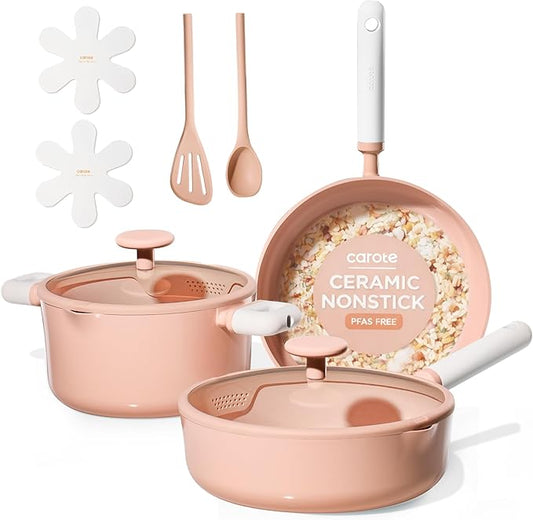 CAROTE Pots and Pans Set Nonstick, Ceramic Cookware Set, Pink Cooking Set Kitchen Induction Set with Steamer, PFAS PTFE Free,9 Piece by CAROTE