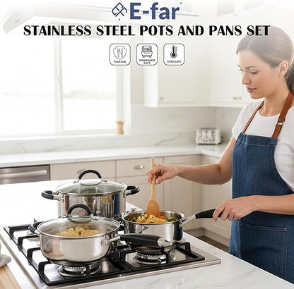 E-far 10-Piece Stainless Steel Cookware Set - Induction Tri-Ply Base Pots and Pans, Non-Toxic Kitchen Cooking Set w/Stay-Cool Handle, Frying Pans, Saucepans, Stockpot with lid, Oven & Dishwasher Safe