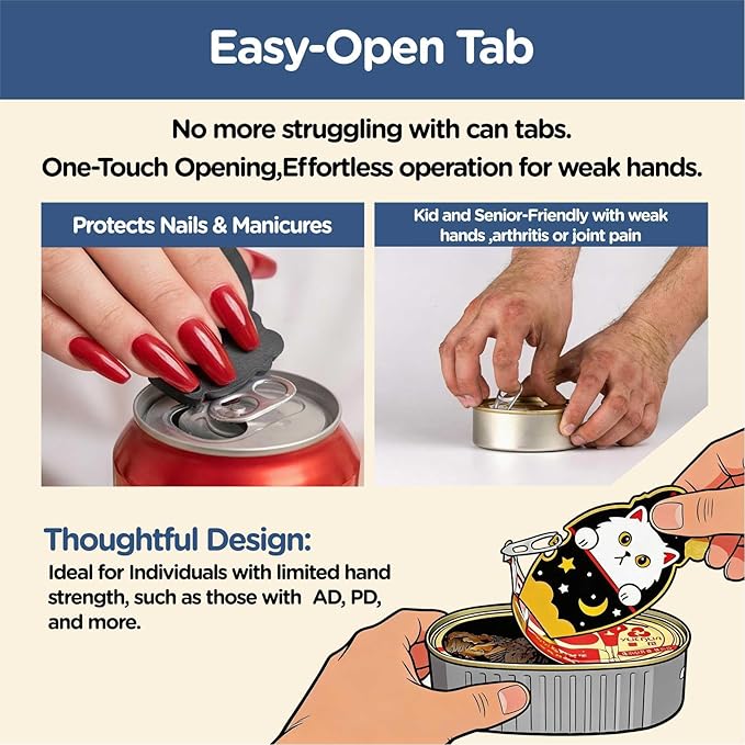 Ring Pull Can Opener for Soda Food Cat Cans Easy Open Tool for Weak Hands Arthritis Seniors Long Nails Magnetic Portable with Lanyard Dishwasher Safe Mothers Day Gift Pink Kitty
