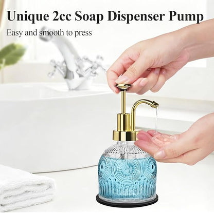 SheeChung Vintage Soap Dispenser, Kitchen Dish Soap Dispensers with Pump Mat, Glass Hand Soap Dispenser for Bathroom, Liquid, Lotion, Refillable, Rustic Farmhouse Decor-Clear (Gold Pump, 2 pk)