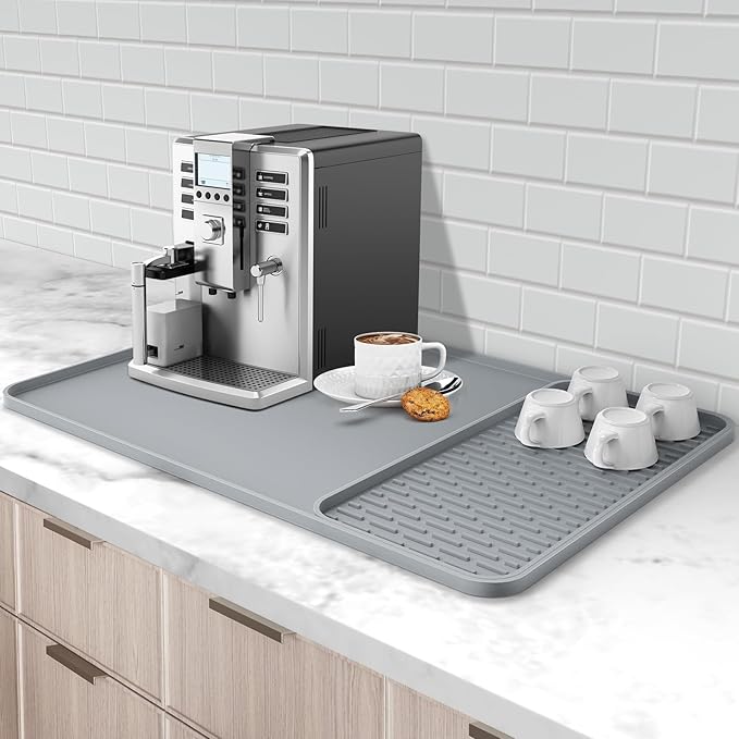 Silicone Coffee Mat, 24'' x 16'' Bar Mat with Detachable Dish Drying Mat for Countertops, Fits Under Coffee Maker, Machine, Espresso Machine, Dish Rack by Garolue