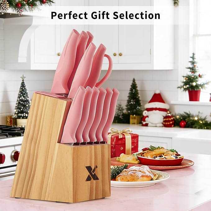 XANAPON 14-Piece Kitchen Knife Set with Block, High Carbon Stainless Steel Sharp Chef Knives with Built-in Sharpener, Ergonomic Handles, Professional Cutlery for Home Cooking & Gifts, Pink - Image 6