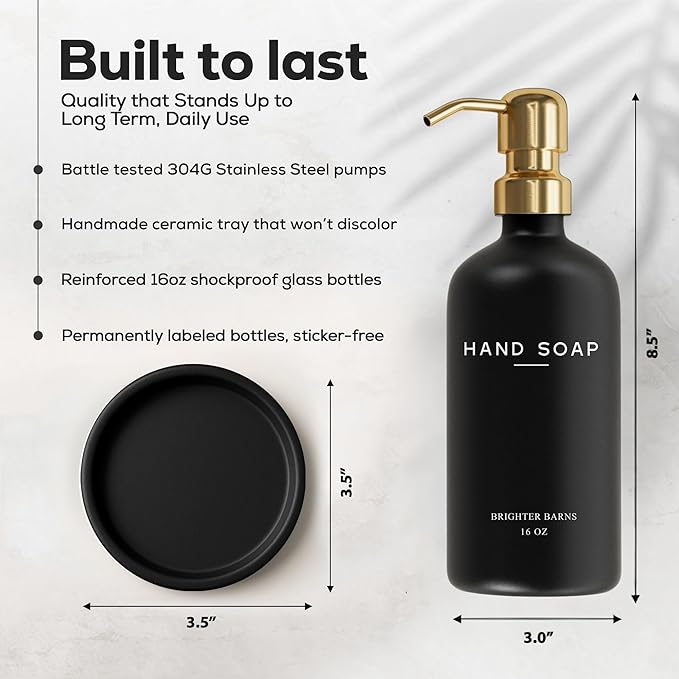 Luxury Glass Hand Soap Dispenser Bathroom Set by Brighter Barns - Refillable Glass Bottle Set - Hand Soap Dispenser for Black and Gold Bathroom Decor, Vacation Rental, Office, Spa, Hotel (Black/Gold) - Image 3