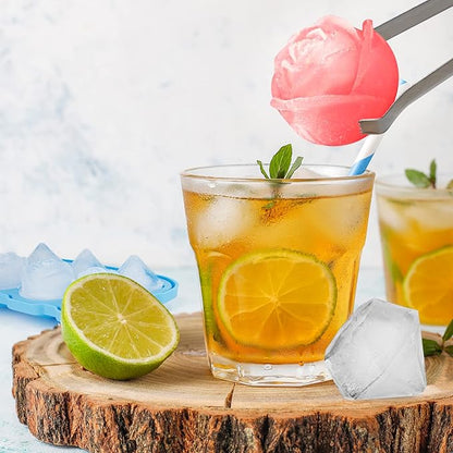 Ice Cube Tray, Mikiwon 2 inch Rose Ice Cube Trays With Covers, 3 Cavity Silicone Rose Ice Tray & 3 Diamond Ice Ball Maker, Easy Release Large Ice Cube Form for Chilled Cocktails, Whiskey Juice (Blue)
