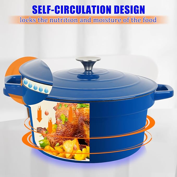 CUKOR 7QT Dutch Oven Pot With Lid, Enameled Cast Iron Dutch Ovens for Sourdough Bread Baking, Non-Stick Ceramic Dutch Oven Cooking Pot, Oven Safe, Blue (10 Pcs Bread Paper Liners)