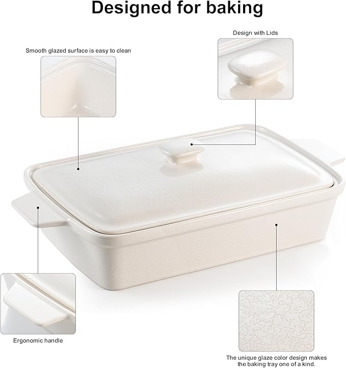 DAFUCERAMIC Casserole dish with Lid, 3.5 Quart Porcelain Baking Dish With Lid, Deep 13 x 9 Casserole Dishes for Oven with Lid, Rectangular Bakeware With Handle, Microwave, Oven Safe