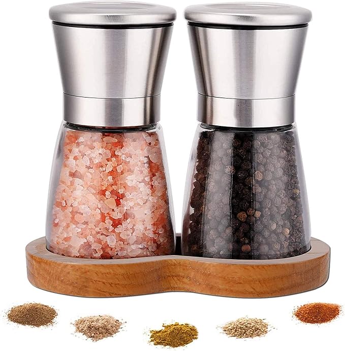 LessMo Salt and Pepper Grinder Set with Wooden Standing Tray, Refillable Pepper Mill Set - Brushed Stainless Steel - Short Glass Shakers with Adjustable Coarseness for Peppercorn, Salt or Spice Mills by LessMo