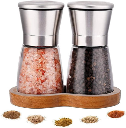 LessMo Salt and Pepper Grinder Set with Wooden Standing Tray, Refillable Pepper Mill Set - Brushed Stainless Steel - Short Glass Shakers with Adjustable Coarseness for Peppercorn, Salt or Spice Mills by LessMo
